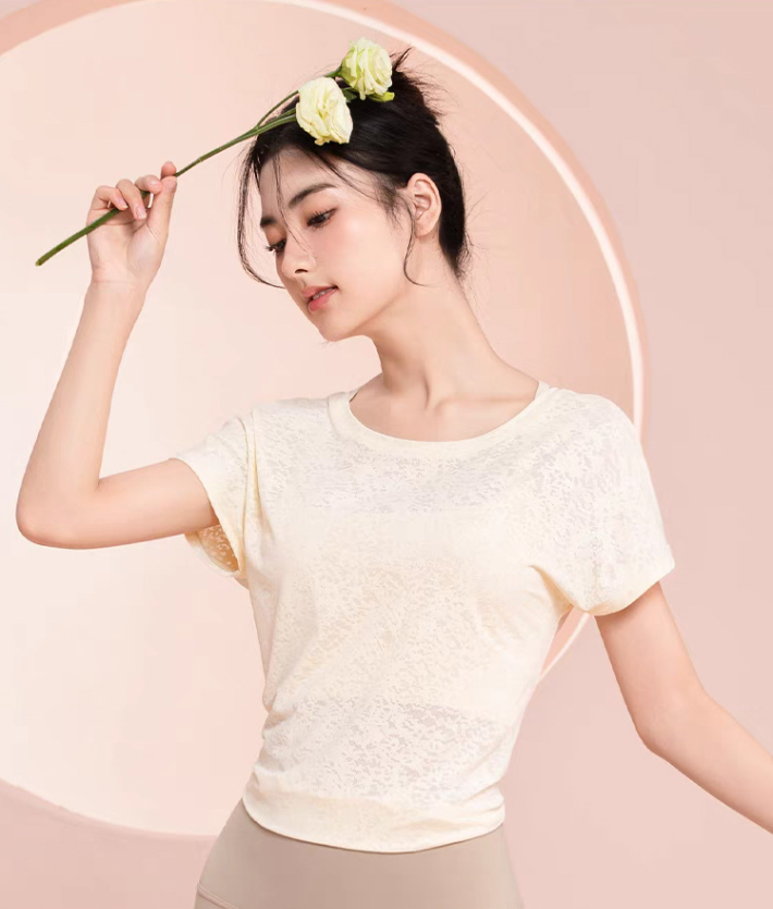 Womens Lace Short Sleeve T-Shirt Casual Round Neck Yoga Top